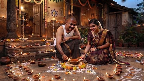 சிறுகதை | A couple put Karthigai lamps at entrance of their home