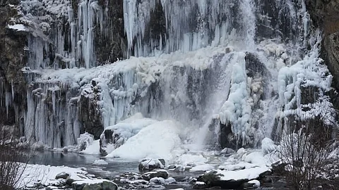 A view of frozen water falls in Kashmir during peak winter season locally known as 'Chillai Kalan' on Saturday, December 21, 2024 when Srinagar city recorded a minimum temperature of minus 8.5 degrees celsius, which is the lowest recorded in 133 years. Photo/Qazi Irshad