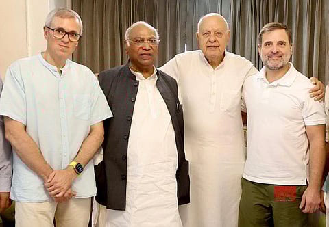 Indian National Congress Chief Mallikarjun Kharge and former president of INC Rahul Gandhi with National Conference President Dr Farooq Abdullah and Vice-President Omar Abdullah a day before the latter was sworn-in as Chief Minister of J&K.