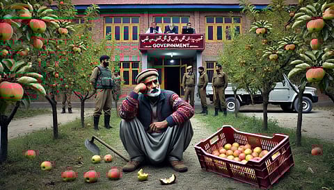 The picture depicts the struggle of Kashmiri Apple grower.
