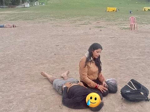 A newly married woman waiting for help after her husband was killed in the terror on tourists in Baisaran meadow in Pahalgam on April 22, 2025.