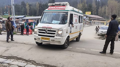 An ambulance carrying injured tourists to the hospital from Pahalgam, where at least 26 tourists including some foreigners were killed in a terror attack in the hill resort on April 22, 2025.