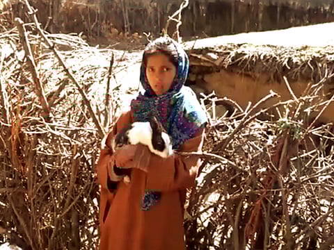 A file of 'Rabbit Girl', Rubeena standing outside her home in Pahalgam.