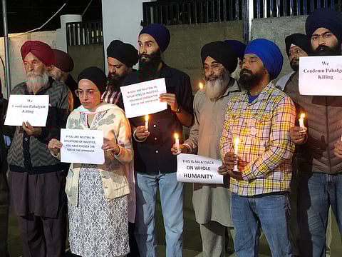 Sikh community members protesting against Pahalgam attack inside the Gurdwara at Bagat, Srinagar, on Wednesday, April 23, 2025.
