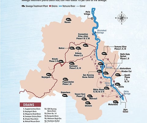 Map: Drains and STPs of Delhi.