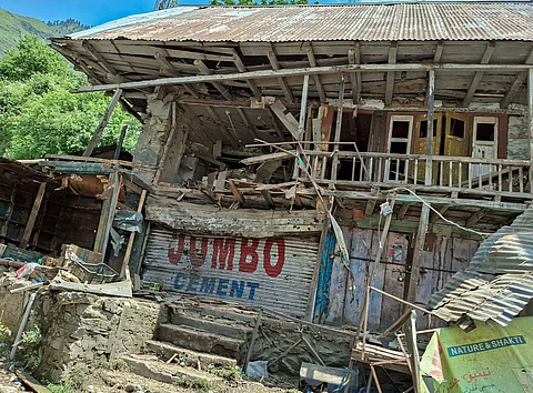 A view of the collapsed shop in Bandi village of Uri, North Kashmir, due to India-Pakistan cross-border shelling at around 5:30 AM on May 10, 2025.