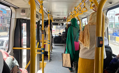 The inside picture of the Smart Bus depicts the overloading in Srinagar, Kashmir.