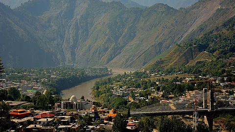 Heightened view of Muzaffarabad city, capital of Pakistan administered Jammu & Kashmir, on both river banks after the 2005 Kashmir earthquake.