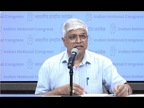 Congress spokesperson, Rajendra Pal Gautam addressing a press conference at new AICC Headquarters in New Delhi on Thursday, July 03, 2025.