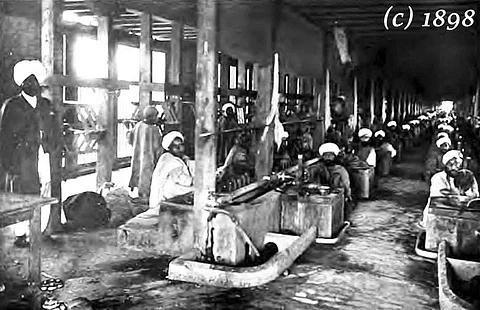 A view of the workers deployed in Silk Factory in Srinagar in 1898.