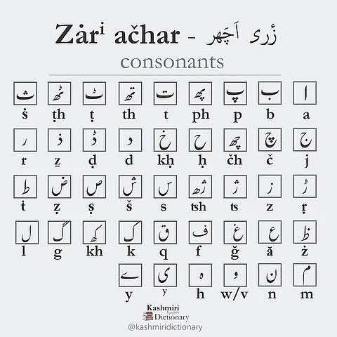 Kashmiri language alphabets and consonants in Perso-Arabic script.