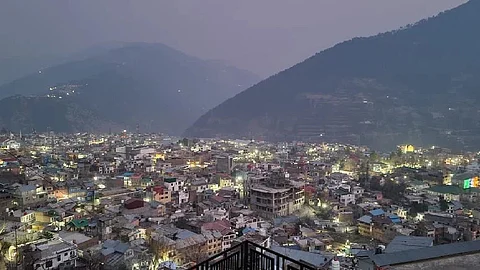 A night view of hilly Doda town in Chenab Valley in 2024.