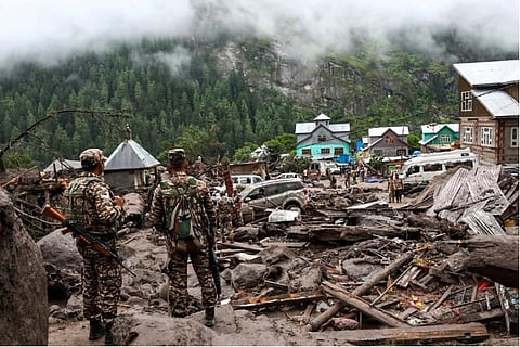 Rescue workers from Army, NDRF and SDRF looking for survivors after cloudburst at village Chashoti of Kishtwar district in Jammu and Kashmir on August 16, 2025.