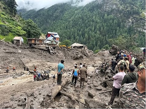 Rescue workers searching for missing people after cloudburst at village Chashoti in Kishtwar district if Jammu and Kashmir on August 15, 2025.
