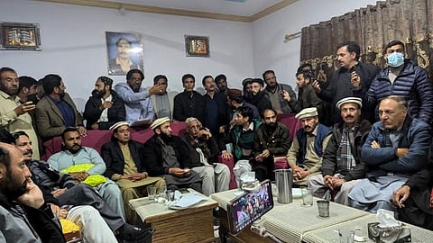 A view of the meeting of the Joint Awami Action Committee of Pakistan administered Jammu and Kashmir during negotiations.