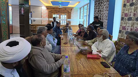 A delegation of social and political activists listening to the public representatives in Ladakh during their visit under the theme "Understanding Ladakh".
