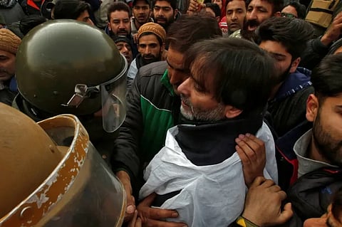 A file photo of Jammu and Kashmir Liberation Front Chairman being arrested during a protest demonstration in Srinagar.