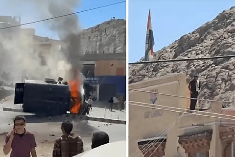 A view of the Ladakh protests on Wednesday, September 24, 2025, when a police vehicle and Bharatiya Janata Party office was set on fire by protestors.