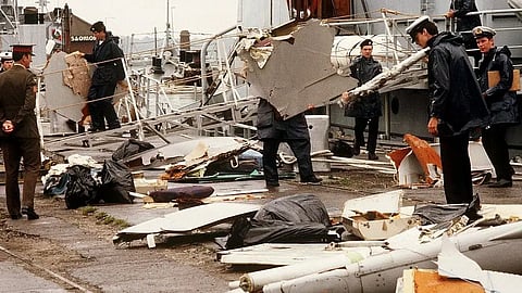 Irish naval authorities in Cork bring debris ashore on 28 June 1985.