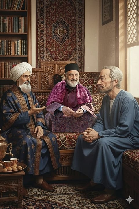 An AI-generated image of the poetic trinity that defined Kashmiri poetry in Dooru and beyond. From Left to Right Mehmood Gami, Asad Mir and Rusul Mir.