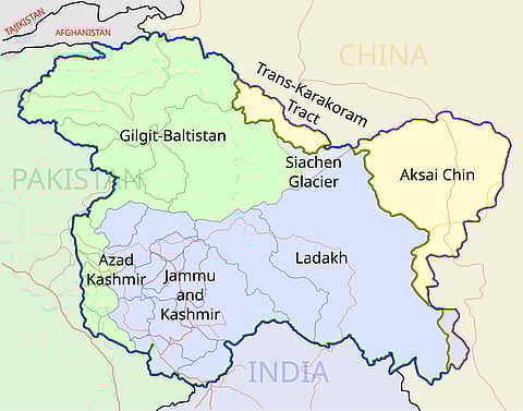 Map of Jammu and Kashmir showing the disputed areas under control of Pakistan and China in 2004, prepared by University of Texas for the purpose of study.