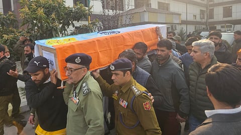 Senior police officers of Jammu and Kashmir participating in the funeral procession of the officers killed in Nowgam police station explosion in Srinagar on the intervening night of Friday and Saturday night, November 14 and 15, 2025.
