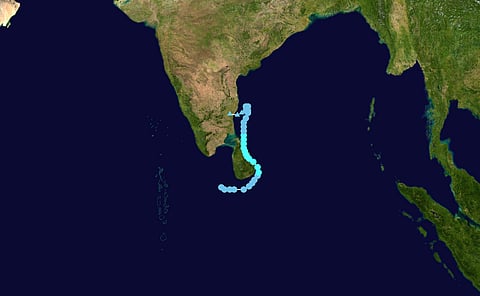 Map plotting the storm's track and intensity, according to the Saffir–Simpson scale Map keySaffir–Simpson scale.