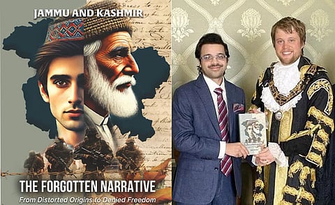 Front cover of the book, "Jammu and Kashmir: The Forgotten Narrative" by Saud Sultan and the author with his book.