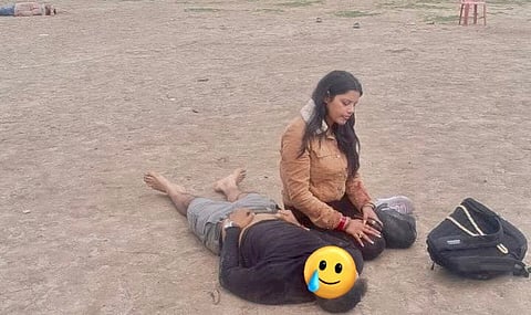 A newly married woman waiting for help after her husband was killed in the terror on tourists in Baisaran Meadow in Pahalgam on April 22, 2025.
