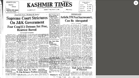 A file photo of front page of Kashmir Times edition Vol. XXVI, No. 59 of March 13, 1981.