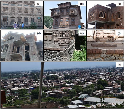 Building practices performed in the Kashmir valley. The traditional construction include (a) Dajji Dewar (b) Taq system, the present unsafe structures are
depicted by (c) and (d), (e) and (f) shows the wood runners at floor level and connection of bracers, (g) represent the density of settlement at Srinagar city.