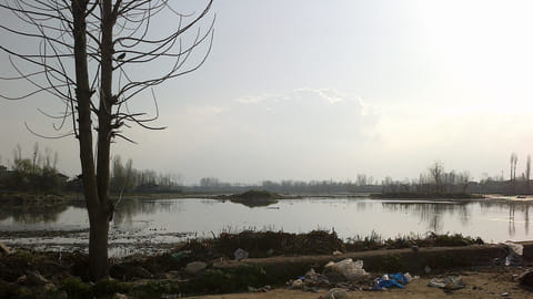 A view of the Khushal Sar from its Northern Shore in Srinagar. It is in a highly deteriorated condition and has been encroached upon at many places with illegal construction and landfilling.