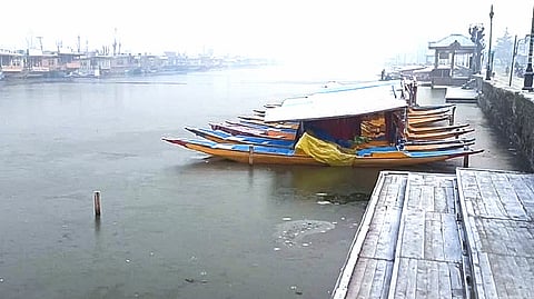 Dal Lake in Srinagar, Jammu and Kashmir, freezes as severe cold conditions continue in Kashmir on Thursday, January 8, 2024.