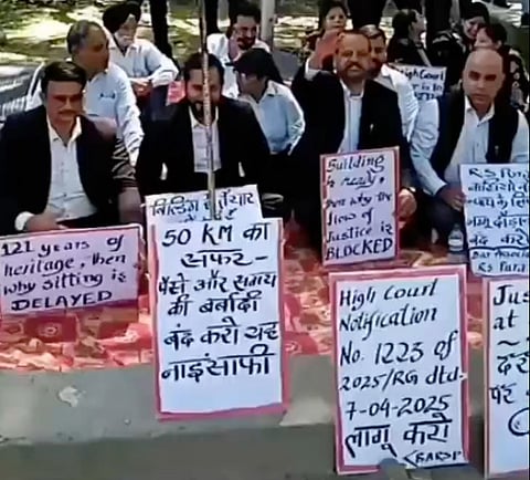 Lawyers protesting in R S Pura, near Jammu in Jammu and Kashmir for the third consecutive seeking setting up of a Sessions Court.