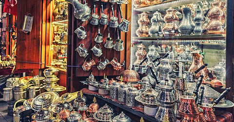 Copper ware displayed inside a shop in Gaziantep, Turkiye.