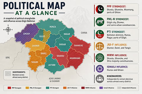 Political map at a glance of Gilgit-Baltistan and areas of influence of different political parties.