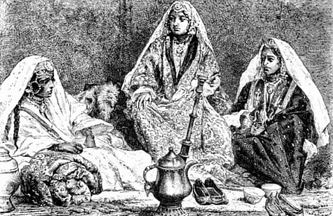 1919 drawing of Kashmiri Pandit women wearing intricately decorated Pherans. Image is representational.