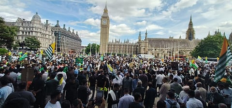 Kashmiri diaspora holding a rally in London on Sunday, 5 July 2026 to protest against the violence in Pakistan administration Jammu and Kashmir and to support the demands of the Joint Awami Action Committee.