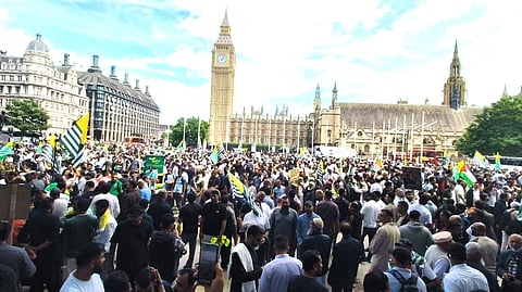 Kashmiri diaspora holding a rally in London on Sunday, 5 July 2026 to protest against the violence in Pakistan administration Jammu and Kashmir and to support the demands of the Joint Awami Action Committee.