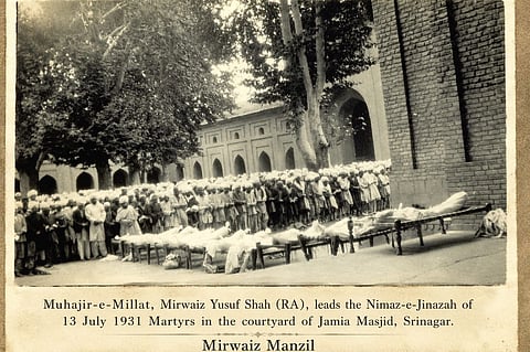 Mirwaiz Yusuf Shah leads the Namaz-e-Jinazah of 13 July 1931 martyrs in the courtyard of Jamia Masjid, Srinagar.