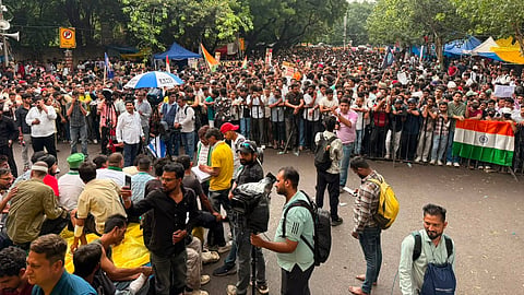 Jantar Mantar is packed again with students and other protestors in New Delhi on Tuesday, 21 July 2026.