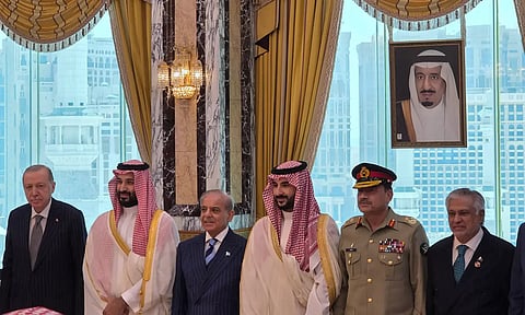 (From Left to right) Türkiye’s President Recep Tayyip Erdogan, Saudi Crown Prince Mohammed bin Salman, Prime Minister Shehbaz Sharif, Saudi Defence Minister Khalid bin Salman Al Saud, CDF Field Marshal Asim Munir, and DyPM Ishaq Dar stand at the signing of the Makkah Joint Defence Agreement, in Makkah on Aug 7, 2026.