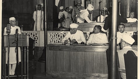 Jawaharlal Nehru delivering his speech, Tryst with Destiny, on the eve of India's first Independence Day.