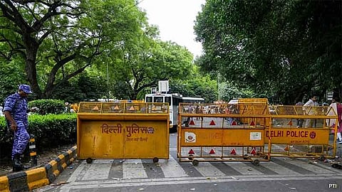 Barricades put up in and around Jantar Mantar and other parts of New Delhi to prevent protests from Cockroach Janta Party and other opposition political parties in New Delhi on October 10, 2026 seeking resignation of the Chief Election Commissioner Gyanesh Kumar.