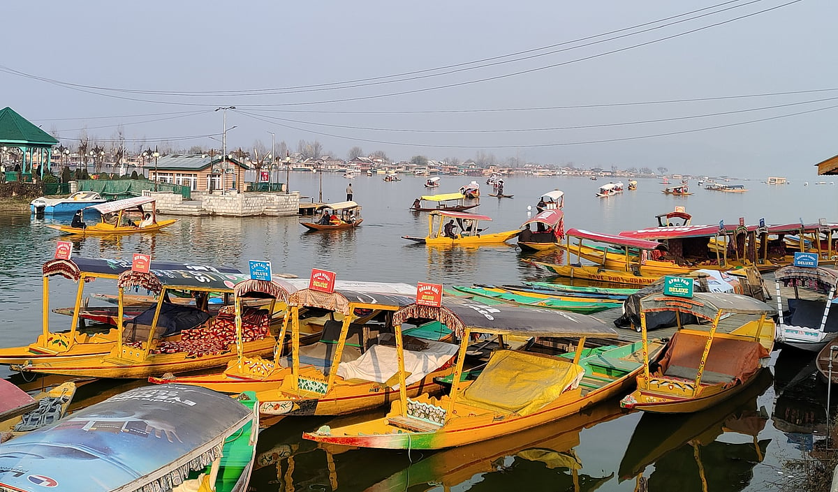 Boatmen row their boats at Dal Lake on a sunny Thursday, January 11, 2024, during Chilla-i- Kalan (Peak Winters). Image is representational.
