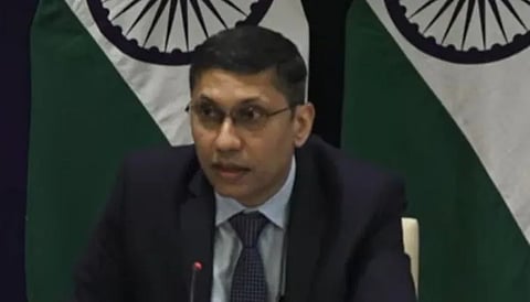 Indian MEA Spokesman Arindam Bagchi at an official briefing in New Delhi on Thursday, November 30, 2023. Photo: PIB