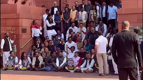 A file photo of Indian MPs protesting outside Parliament building against their suspension for current session. Photo/Open Source