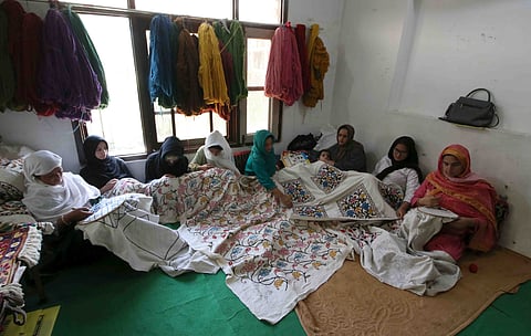 Women embroiderers at Shehjar Centre in Kupwara. Photo/Bilal Bahadur