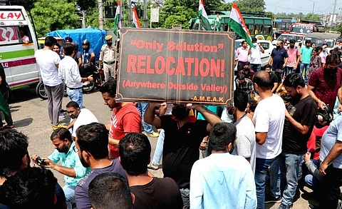 A file photo of Kashmir Pandit migrant employees protesting in Jammu. Photo/Open Source