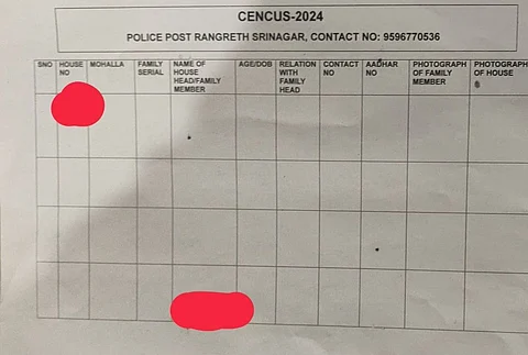 Front page of a two-page form with identification numbers marked by the Police. The numbers have been hidden for protecting the identity of the residents, who shared the form with Kashmir Times.